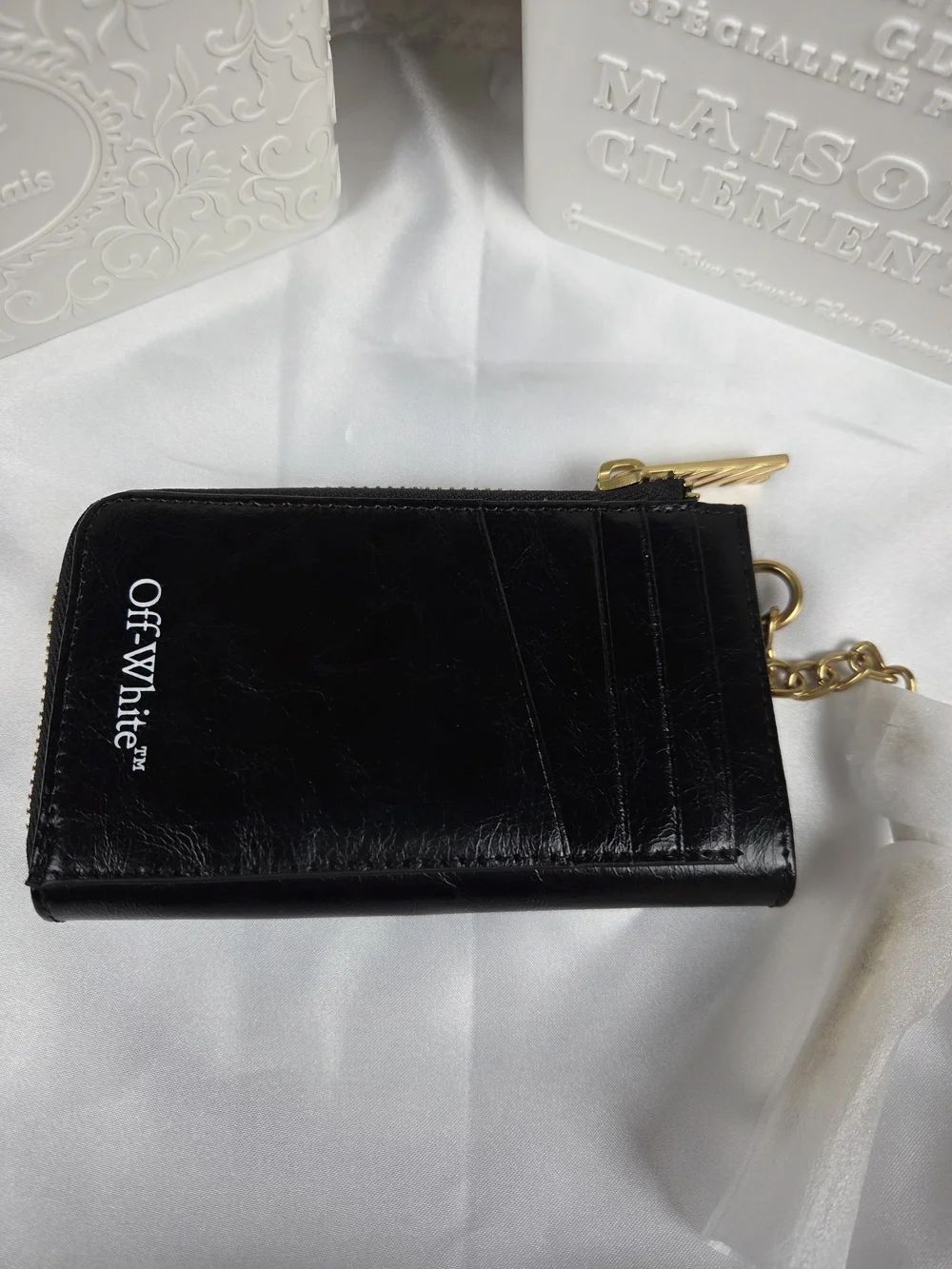 Authentic Off-White Black Leather Zip Card Holder Wallet Gold Arrow Logo Card